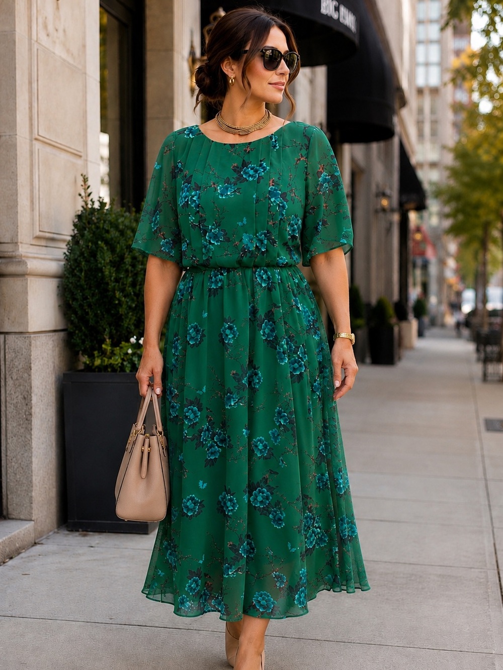 eshakti Women's Chiffon Emerald Green Floral Short Sleeve Maxi Dress 16W